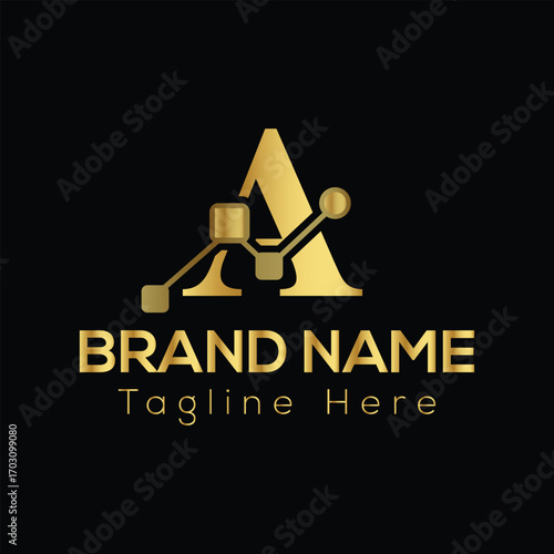 Golden letter A logo with network nodes and text placeholders for brand name and tagline metallic