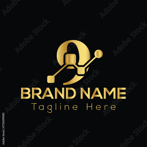 Gold number 9 logo with network connections and text placeholders for brand name and tagline