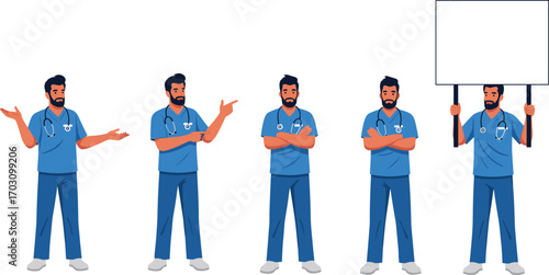 Male doctor in blue scrubs with stethoscope showing various gestures and holding a blank sign, healthcare professional, medical cartoon.