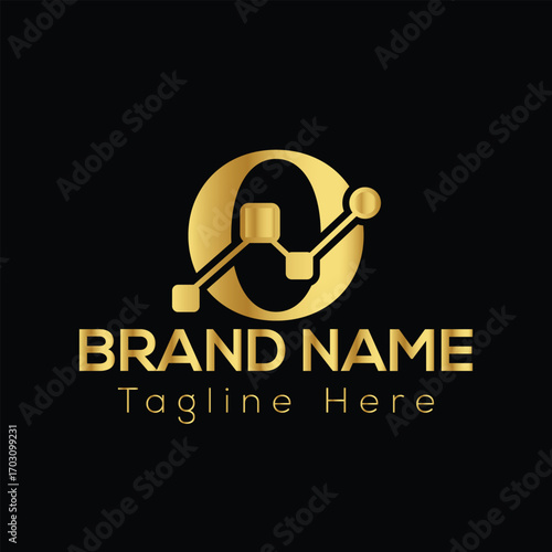 Golden letter O logo with network nodes and text placeholders for brand name and tagline O letter logo