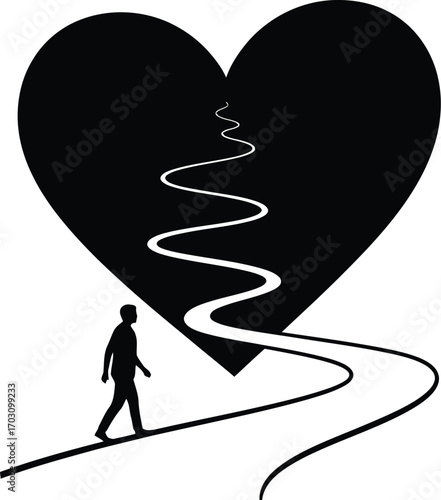 A lonely man walking a winding road towards a broken heart symbolizes overcoming heartbreak