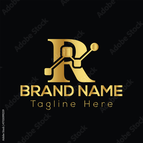 Golden letter R logo with circuit board elements and text placeholders for brand name and tagline