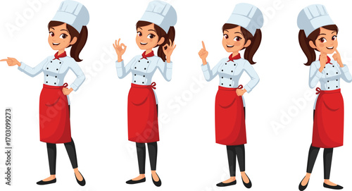 Female chef cartoon character in red apron and white uniform showing different hand gestures and expressions, cooking professional.