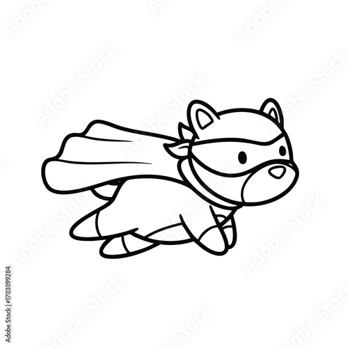 Cute cartoon superhero animal character wearing a cape and mask flying in a dynamic pose in black and white