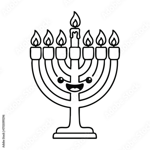 Black and white line art of a smiling menorah with seven lit candles and a central shamash candle on a simple base