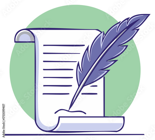 Classic feather quill pen writing on a vintage paper scroll document vector illustration