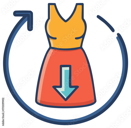 Sustainable fashion concept with dress and circular arrow for clothing return exchange or recycling