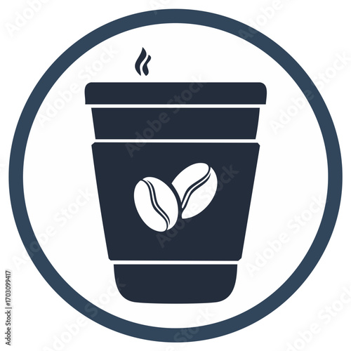 Hot Coffee to Go in Dark Blue Circular Frame with Coffee Bean Iconography