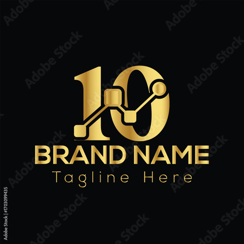 Golden number 10 logo with graph lines and text placeholders for brand name and tagline metallic
