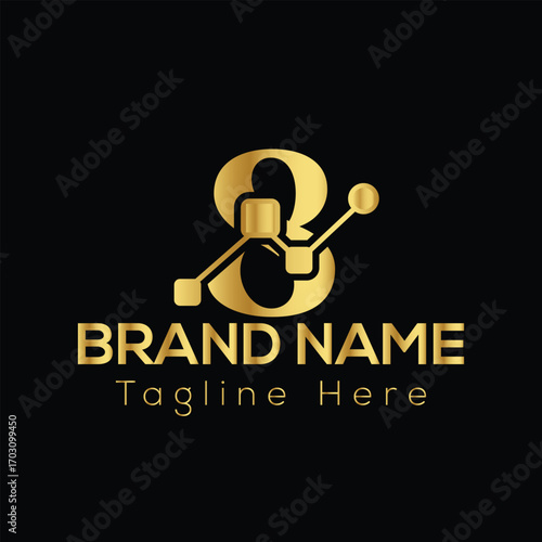 Golden number 8 logo with network connections and text placeholders for brand name and tagline on black background