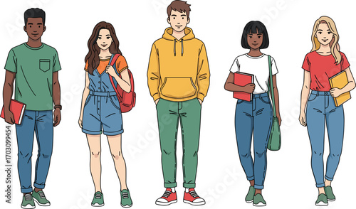 Group of diverse young adults standing with books and backpacks, casual clothing, students, college life, education concept, cartoon style.
