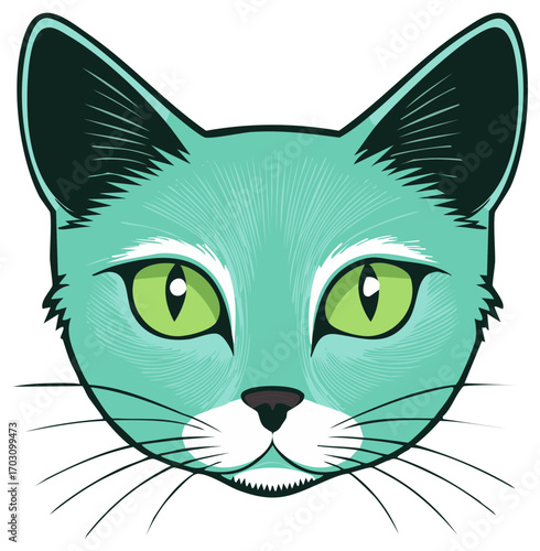 Close up of a stylized teal cat face with striking green eyes and sharp black outlined features, digital illustration