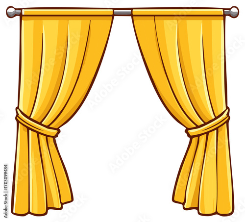 Cartoon illustration of yellow curtains tied back on a rod