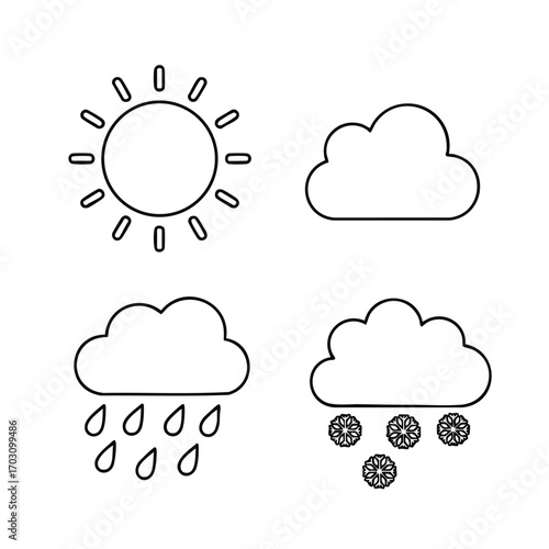 Four simple black and white weather icons representing sun, cloud, rain, and snow in a minimalistic style