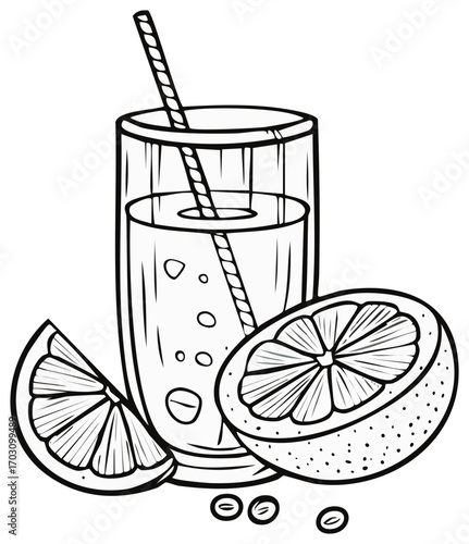 Orange Juice Glass with Straw and Citrus Fruit Sketch Style Black and White