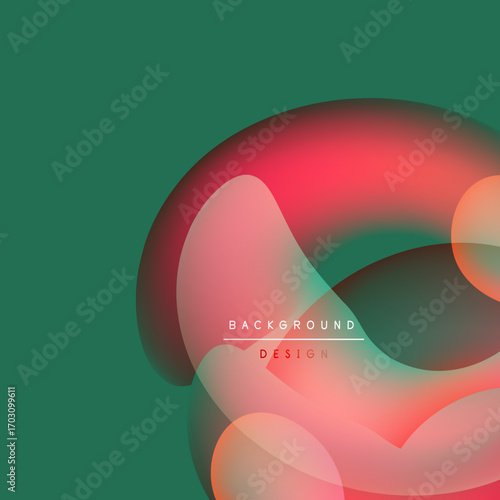 Abstract fluid shapes overlap, creating vibrant color gradients. Teal background complements red, orange hues. Minimalist design features text.