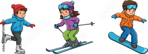 Kids winter sports activities, ice skating, skiing, snowboarding, wearing warm winter clothes, cartoon style illustration, outdoor snowy fun, active children.