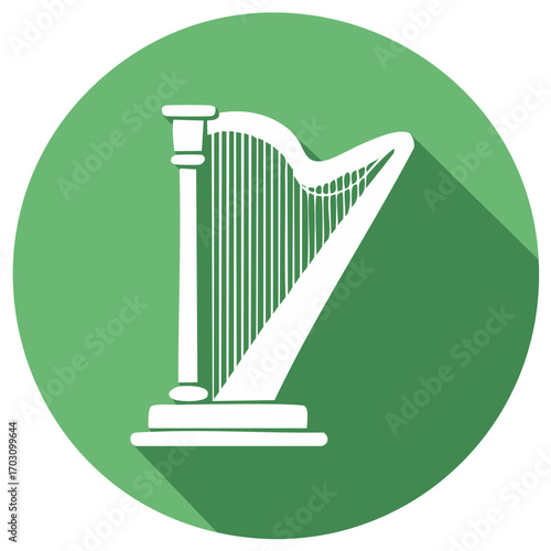 Harp Silhouette Icon on Green Circle Flat Musical Instrument Symbol