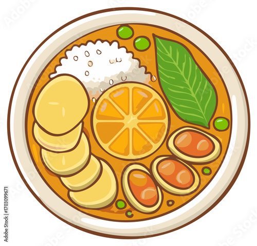 Whimsical Bowl of Delicious Food with Rice Citrus and Vegetables