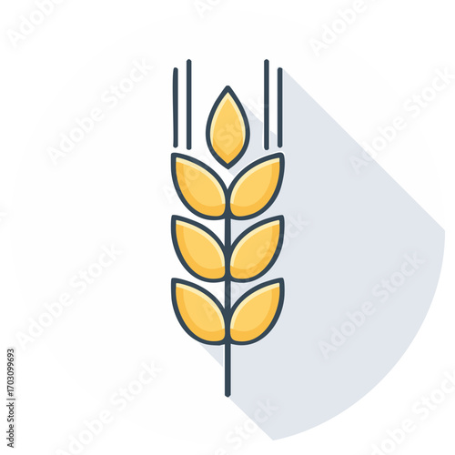 Stylized golden wheat ear icon with a long shadow in flat design style