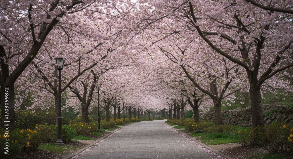 Naklejka premium A Serene Path Winding Through an Enchanting Tunnel of Vibrant Pink Cherry Blossom Trees, Bathed in the Soft Light of Spring, Creating a Picturesque Natural Archway for Peaceful Walks