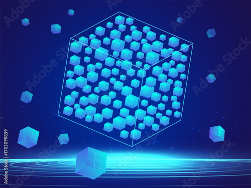 Artificial intelligence with Futuristic digital Cubes transformation movement blue light effect on dark blue background vector design concept. AI technology for new technology, advance technology, ui.