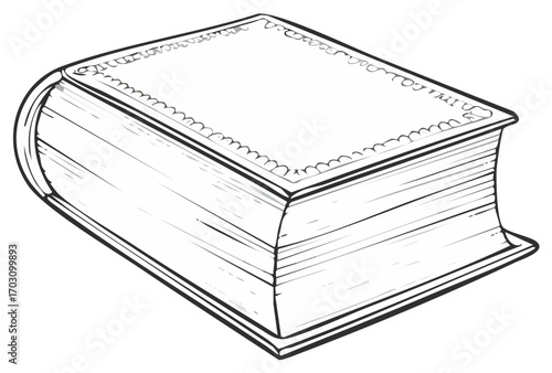 Illustrated perspective of a hardcover book, detailed with decorative edging, black and white.