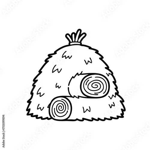 Black and white line art illustration of a haystack with two rolled hay bales stacked beside it on a white background
