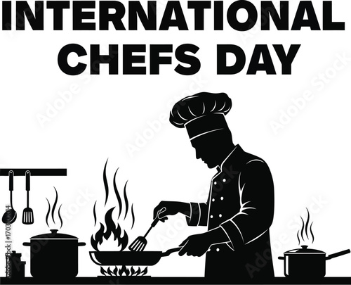 Silhouette illustration of a chef cooking international chefs day professional cook at work