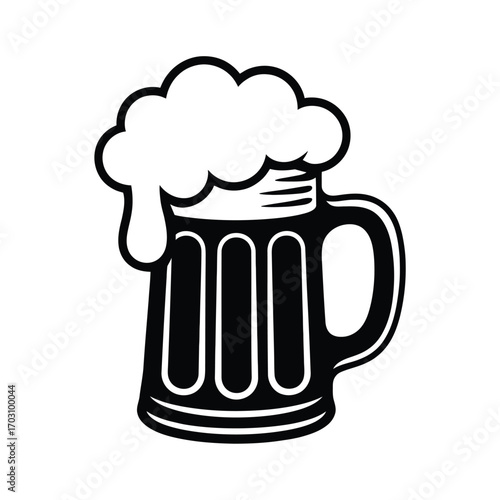 Black and white silhouette of a frothy beer mug foam drink