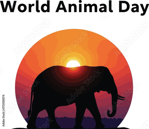 Silhouette of an elephant against a sunset with world animal day text