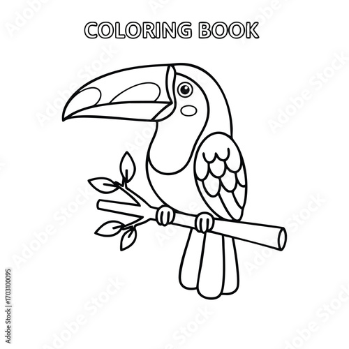 Black and white line drawing of a toucan perched on a branch for a children's coloring book page