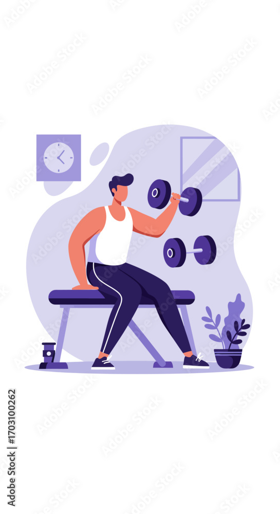 Obraz premium Man Lifting Weights at Home Fitness Motivation and Home Workout Illustration
