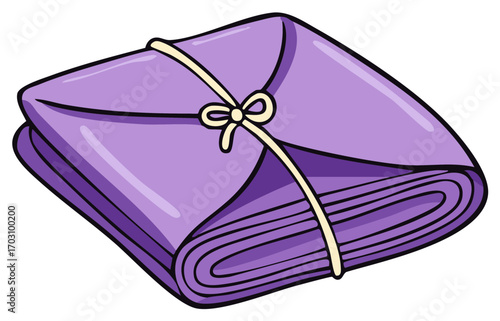 Neatly Folded Purple Fabric Stack Tied with Cream String Bow Illustration