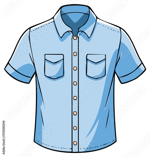 Cartoon illustration of a light blue casual short sleeve button up shirt