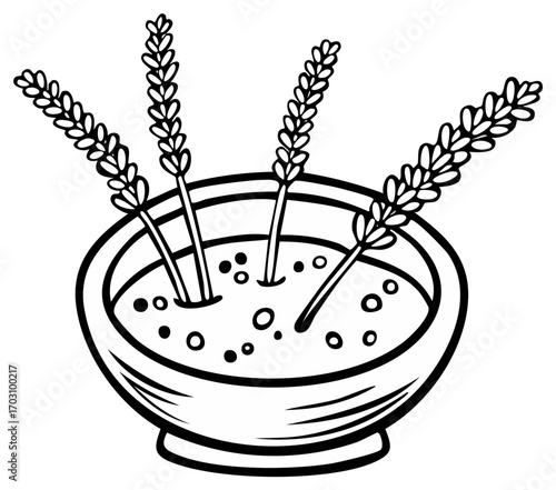 Hand drawn illustration of lavender flowers in bowl.