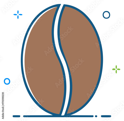 Stylized brown coffee bean with blue outline and subtle sparkle accents