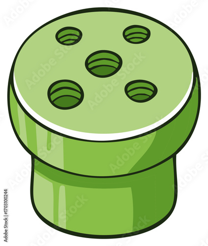 Green illustration of a pipe-shaped object with multiple holes in the upper section. Cartoon-style.
