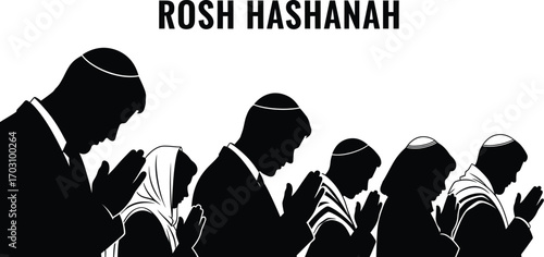Silhouette of people praying for rosh hashanah celebrating jewish holidays