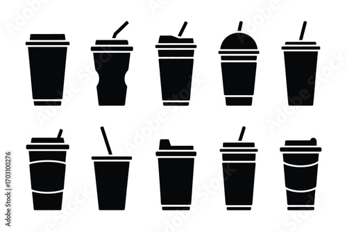 Black beverage cups with straws and lids silhouettes beverages