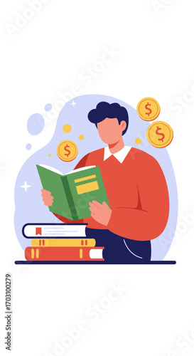 Vector illustration of a young man gaining financial knowledge by reading books, with dollar coins symbolizing wealth and successful investment