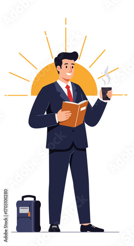 Successful businessman starting his day with a book and coffee, symbolizing knowledge and a positive routine for success