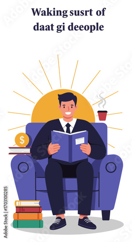 Vector illustration of a successful businessman reading a book, symbolizing investment in knowledge for financial growth and success