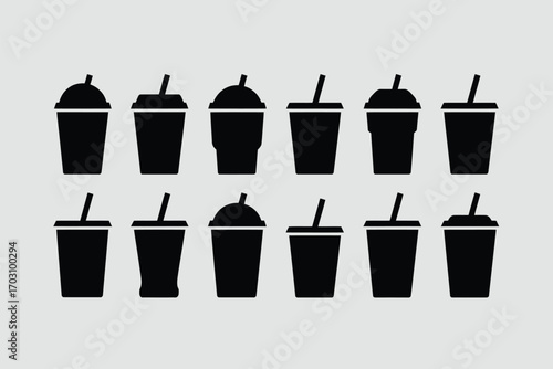 Black beverage cups with straws on light gray background vector illustration