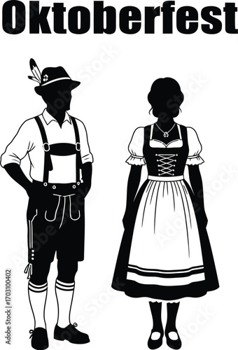 Oktoberfest, silhouette of man and woman in traditional bavarian costume, german festival