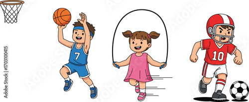 Kids playing sports, basketball, skipping rope, soccer, and football, cartoon style illustration, active children activities, healthy lifestyle concept.