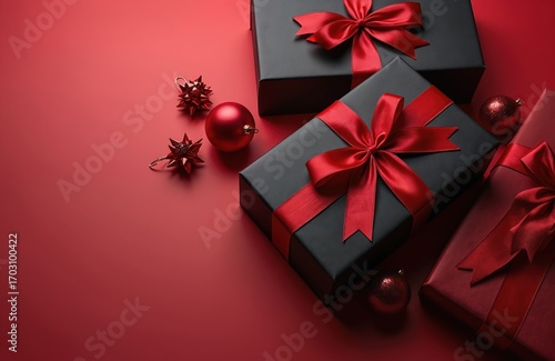 Luxurious black and red gift boxes with satin bows rest on a deep red background. Accented with sparkling red baubles and star ornaments, perfect for festive celebrations or special occasions.