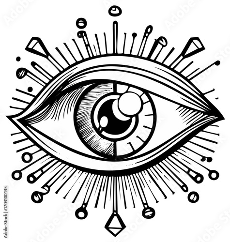 Mystical eye illustration with intricate design elements.