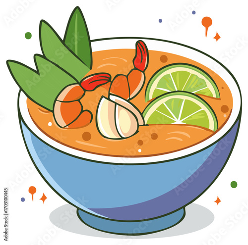 Cartoon Tom Yum Soup with Shrimp, Lime, and Herbs in Blue Bowl, Southeast Asian Cuisine
