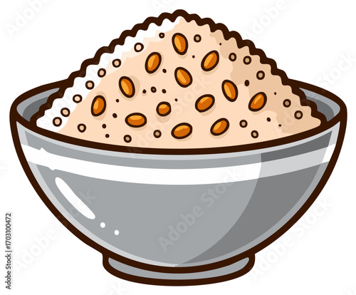 Cartoon bowl of rice with peanuts traditional food concept